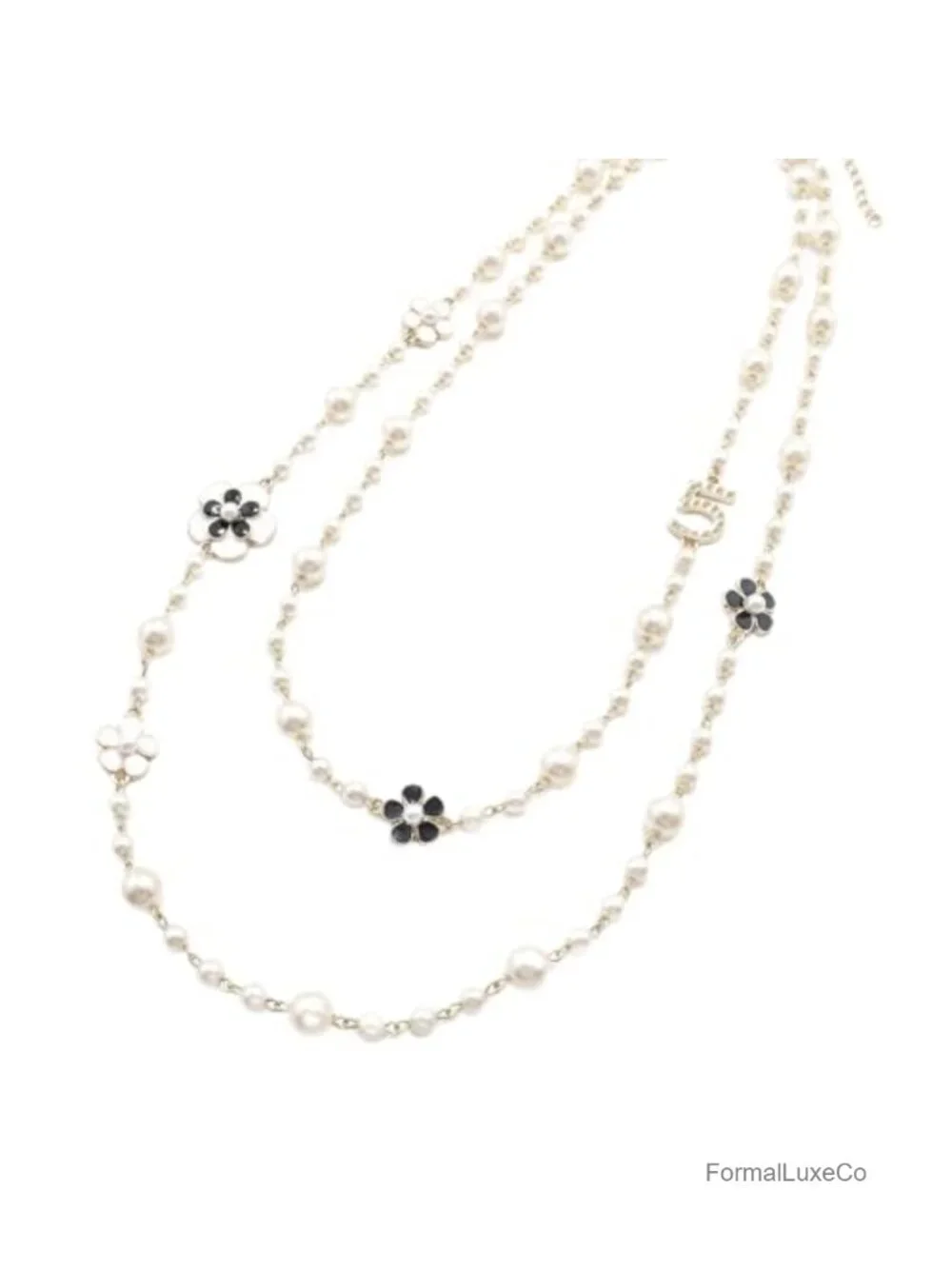 Vintage Layered Faux Pearl Necklace with Camellia Flower & Number 5 Charm